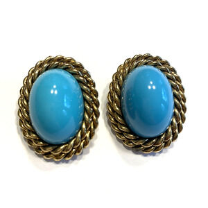 Chunky Y2K Goldtone Clip On Earrings Oval Rope Texture Blue Domed Center Bead